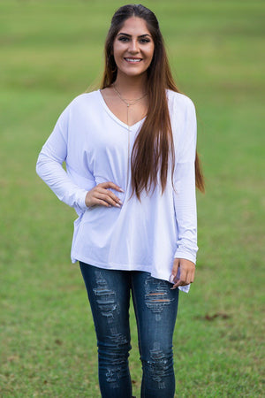 Long Sleeve V-Neck Piko Top - White - Piko Clothing