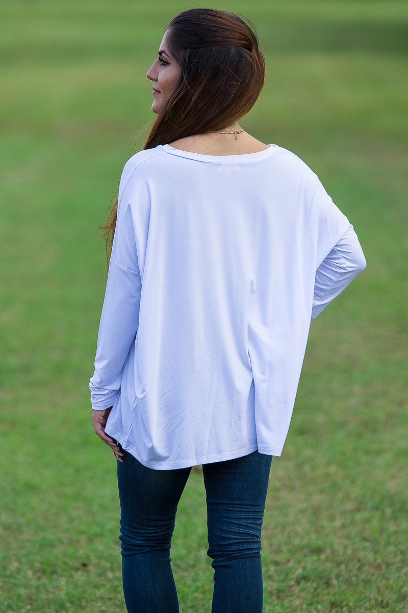 Long Sleeve V-Neck Piko Top - White - Piko Clothing