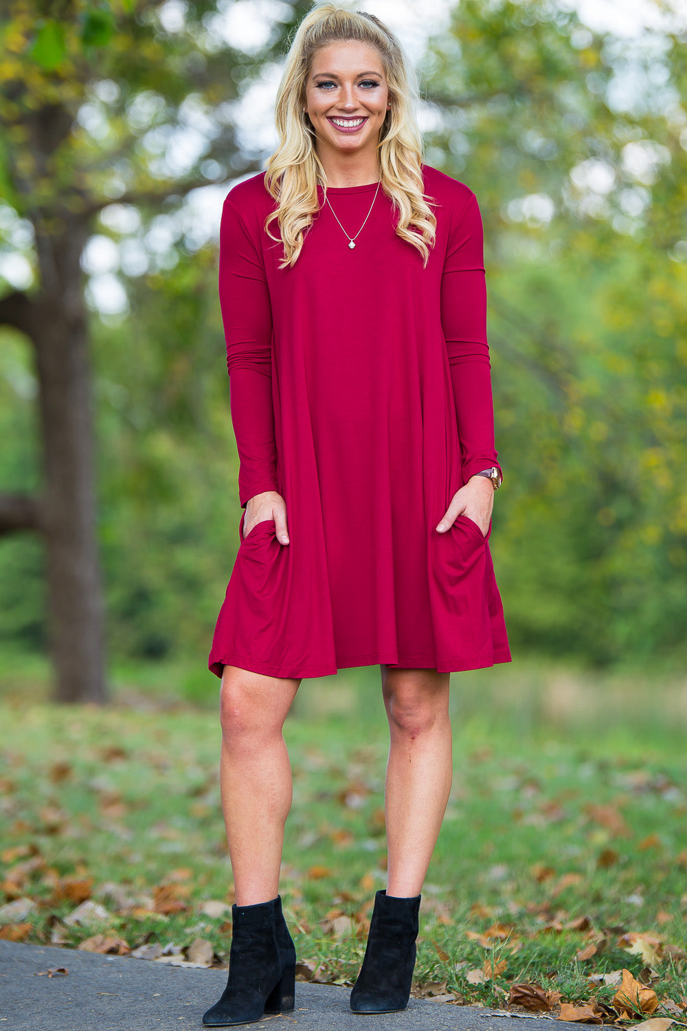 Piko Long Sleeve Swing Dress - Wine - Piko Clothing