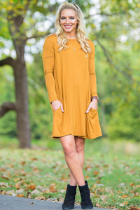 Piko Long Sleeve Swing Dress - Dark Mustard - Piko Clothing
