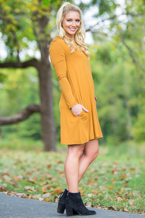Piko Long Sleeve Swing Dress - Dark Mustard - Piko Clothing