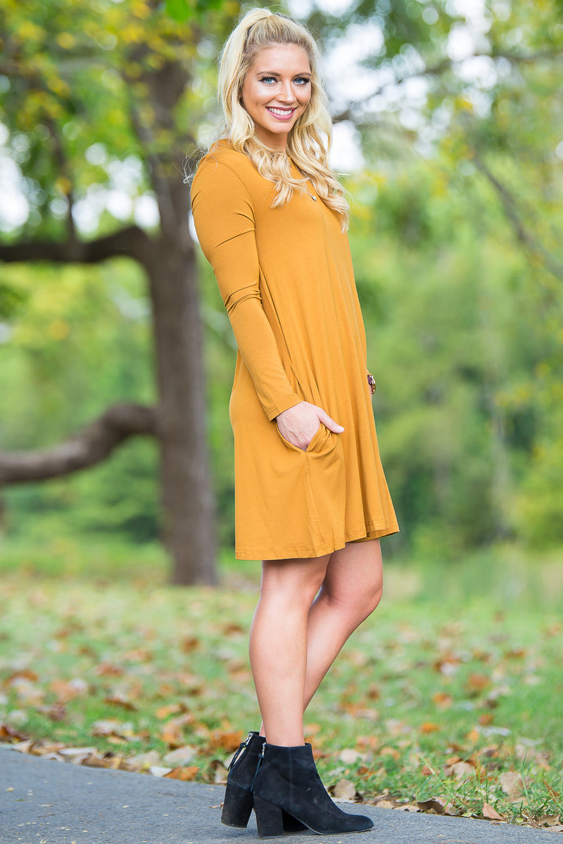 Piko Long Sleeve Swing Dress - Dark Mustard - Piko Clothing