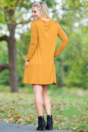 Piko Long Sleeve Swing Dress - Dark Mustard - Piko Clothing