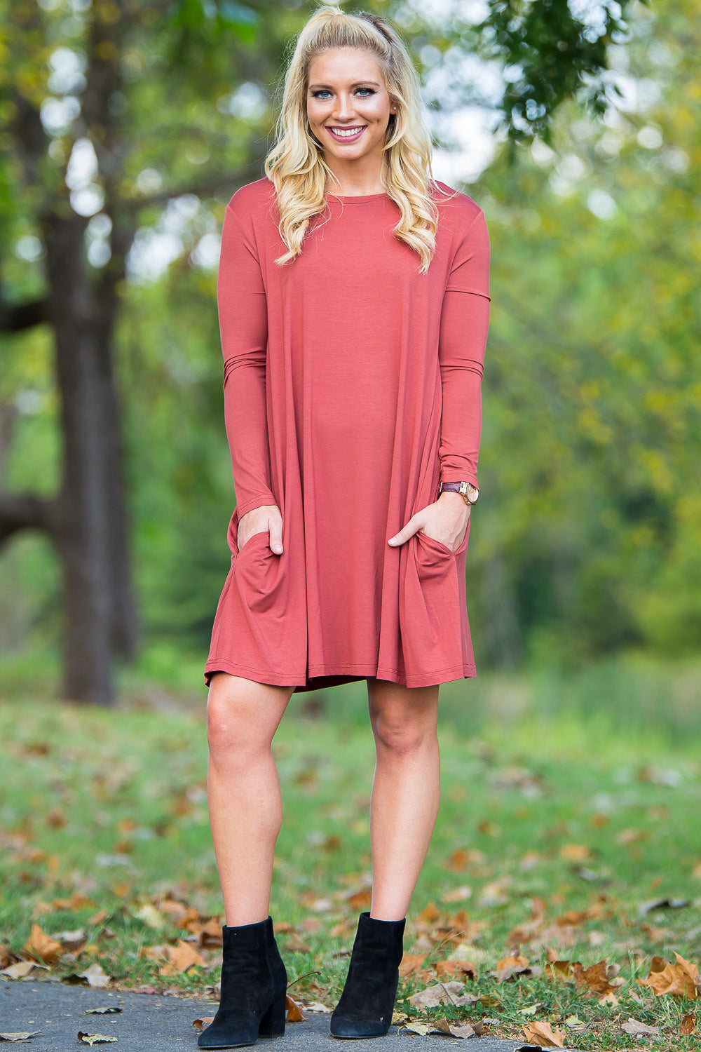 Piko Long Sleeve Swing Dress - Rust - Piko Clothing