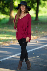 Long Sleeve V-Neck Piko Top - Wine - Piko Clothing