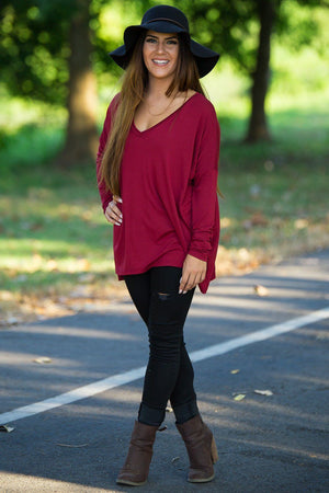 Long Sleeve V-Neck Piko Top - Wine - Piko Clothing