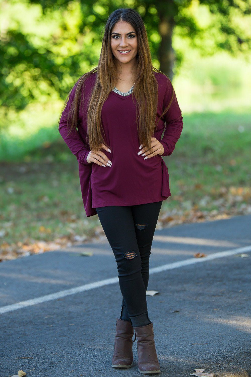 Long Sleeve V-Neck Piko Top - Plum - Piko Clothing