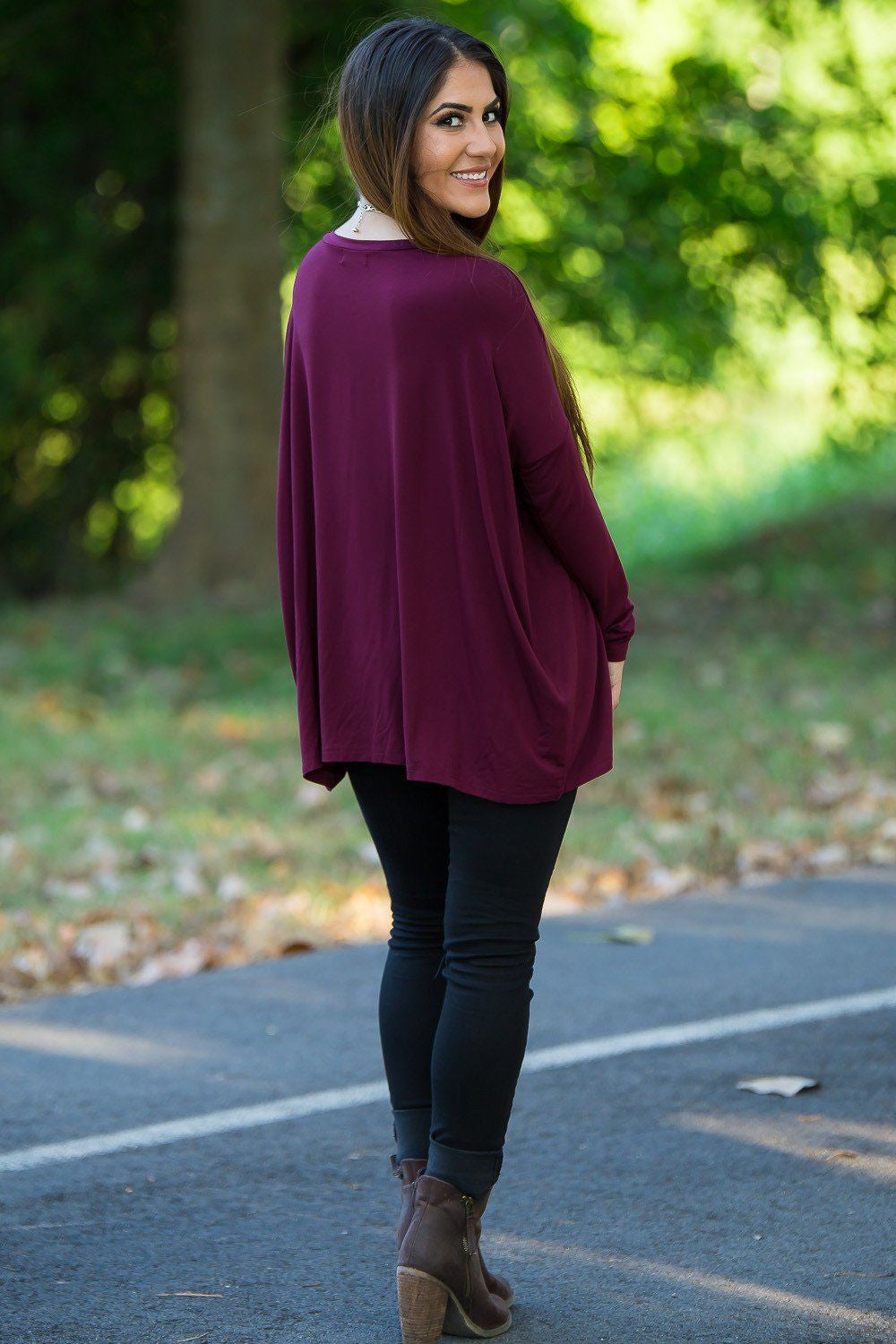 Long Sleeve V-Neck Piko Top - Plum - Piko Clothing