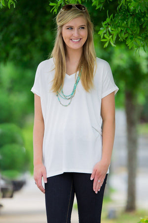 Short Sleeve Rolled Sleeve V-Neck Piko Top - Off White - Piko Clothing