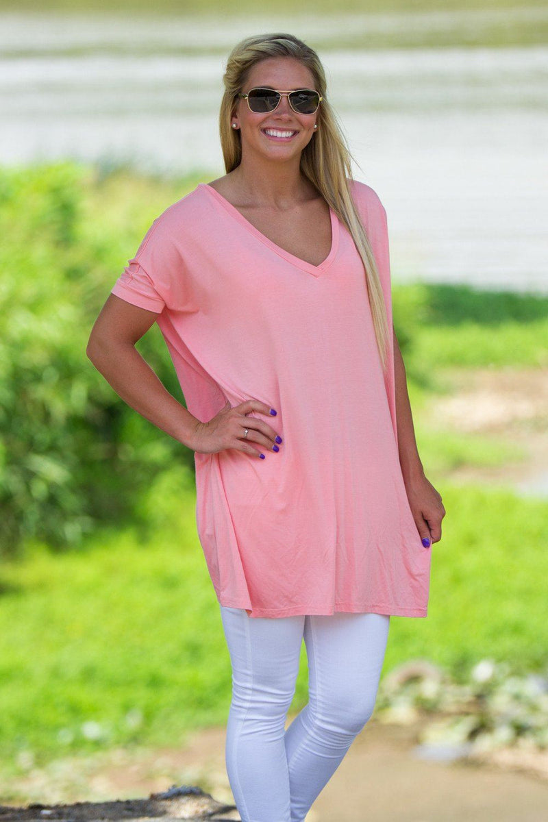 Short Sleeve V-Neck Piko Tunic - Peach - Piko Clothing