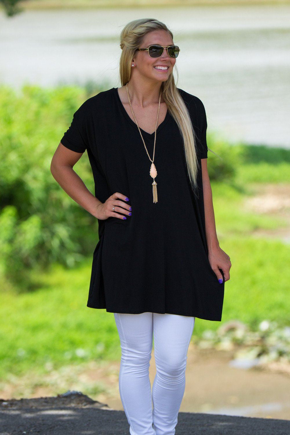 Short Sleeve V-Neck Piko Tunic - Black - Piko Clothing