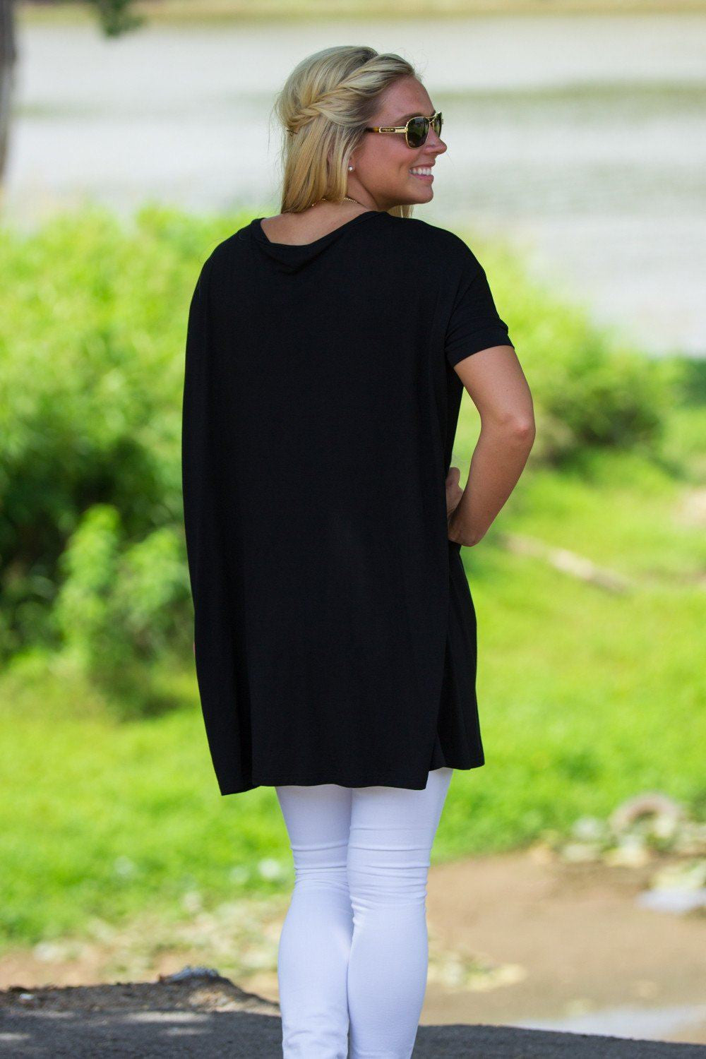 Short Sleeve V-Neck Piko Tunic - Black - Piko Clothing