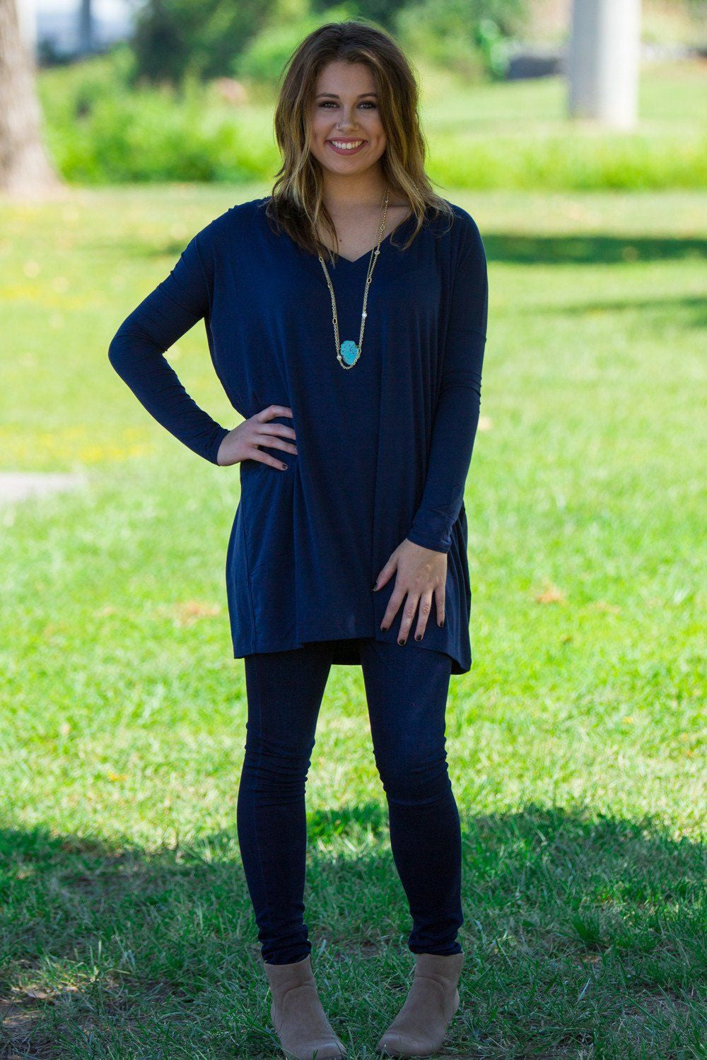 Long Sleeve V-Neck Piko Tunic - Navy - Piko Clothing