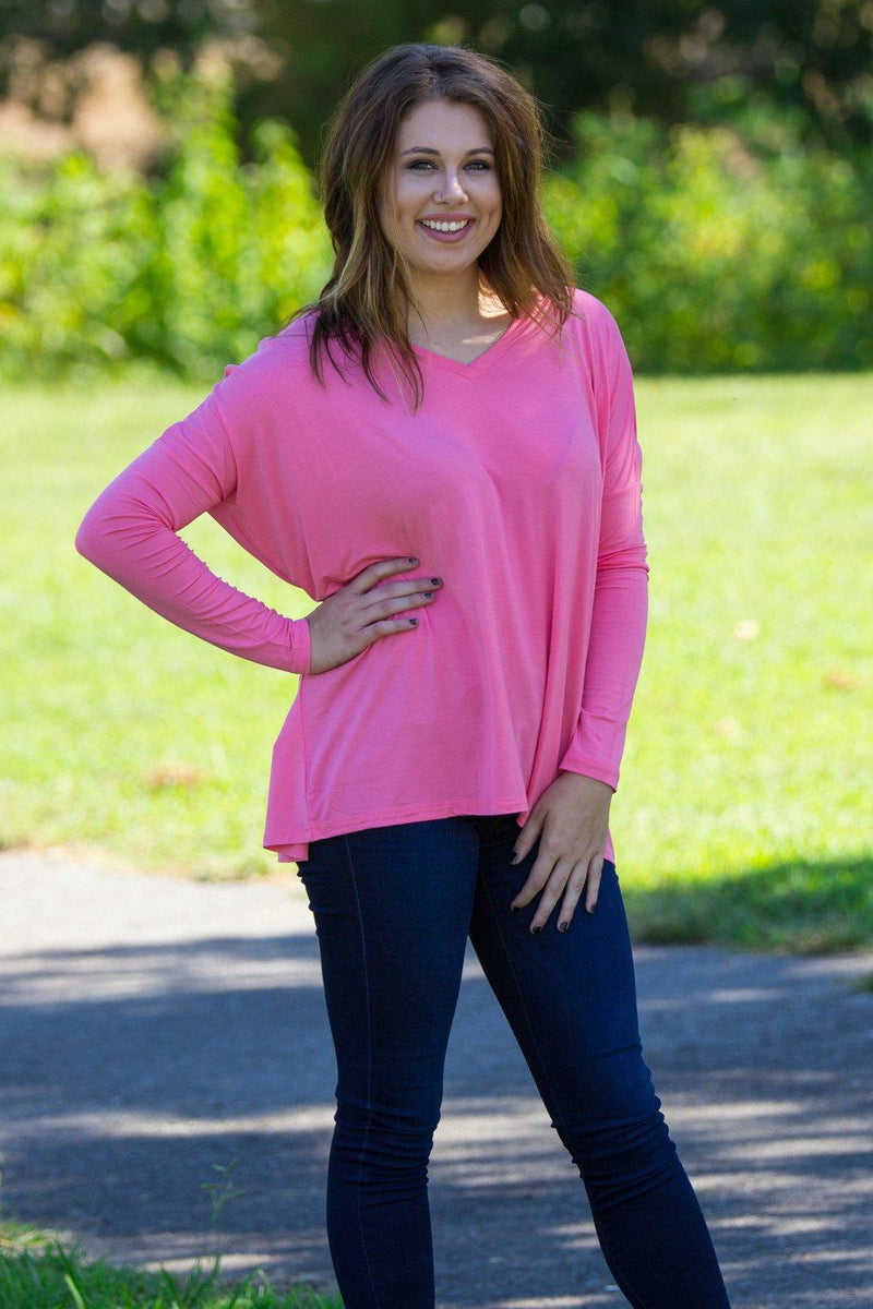 Long Sleeve V-Neck Piko Top - Pink - Piko Clothing