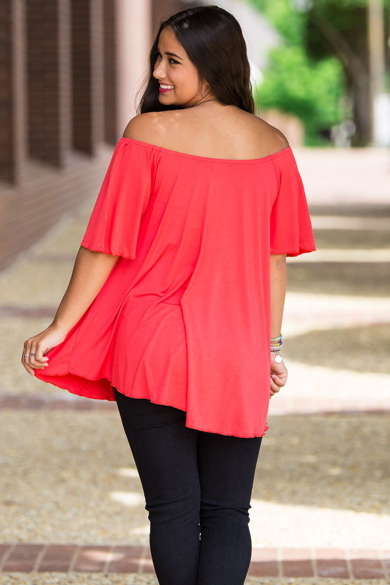 SALE-Off The Shoulder Short Sleeve Piko Top - Watermelon