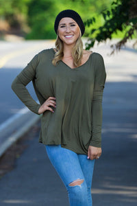 Long Sleeve V-Neck Piko Top - Dark Olive - Piko Clothing