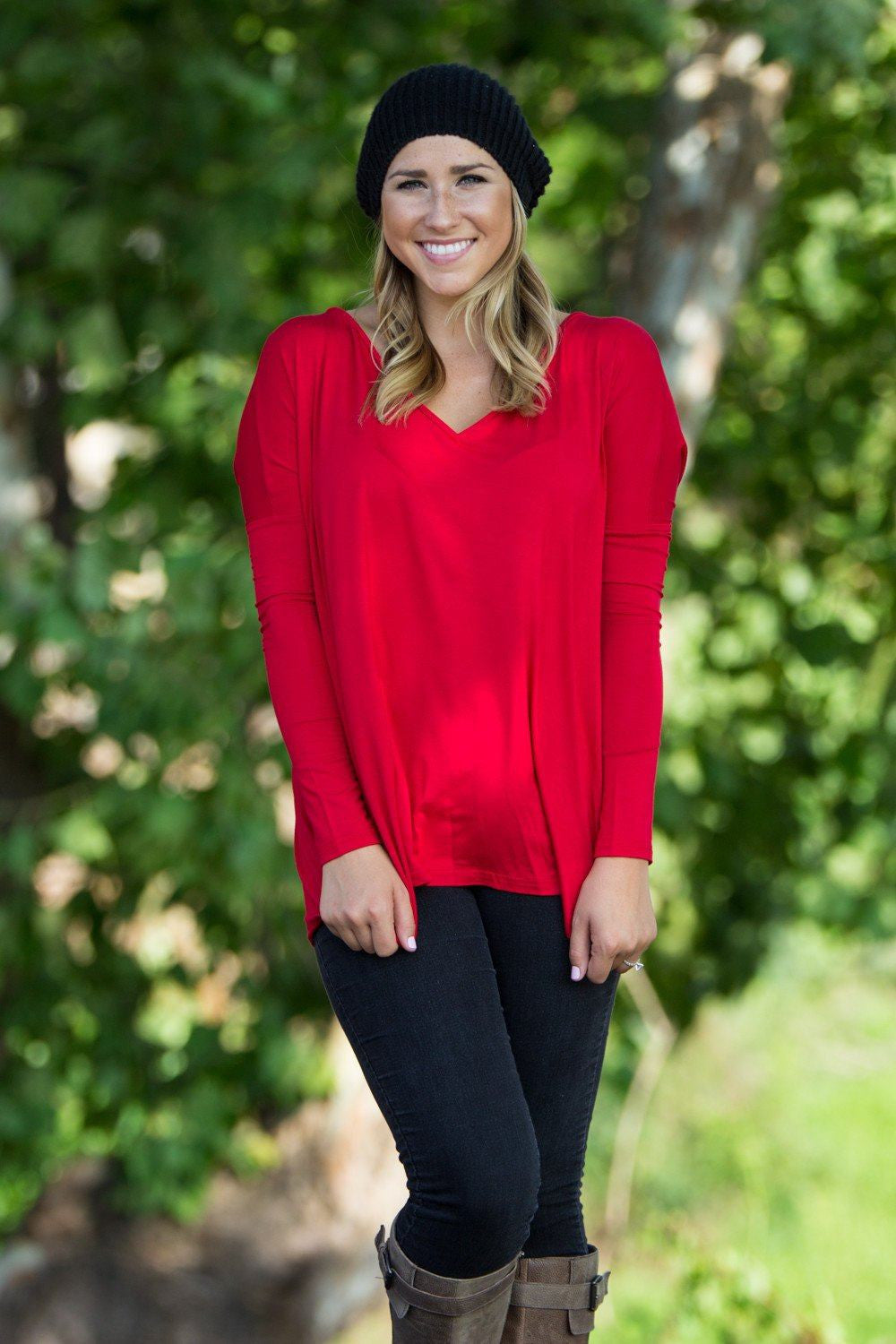 Long Sleeve V-Neck Piko Top - Red - Piko Clothing