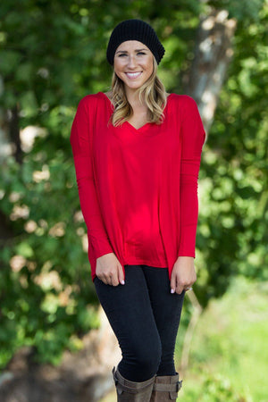 Long Sleeve V-Neck Piko Top - Red - Piko Clothing