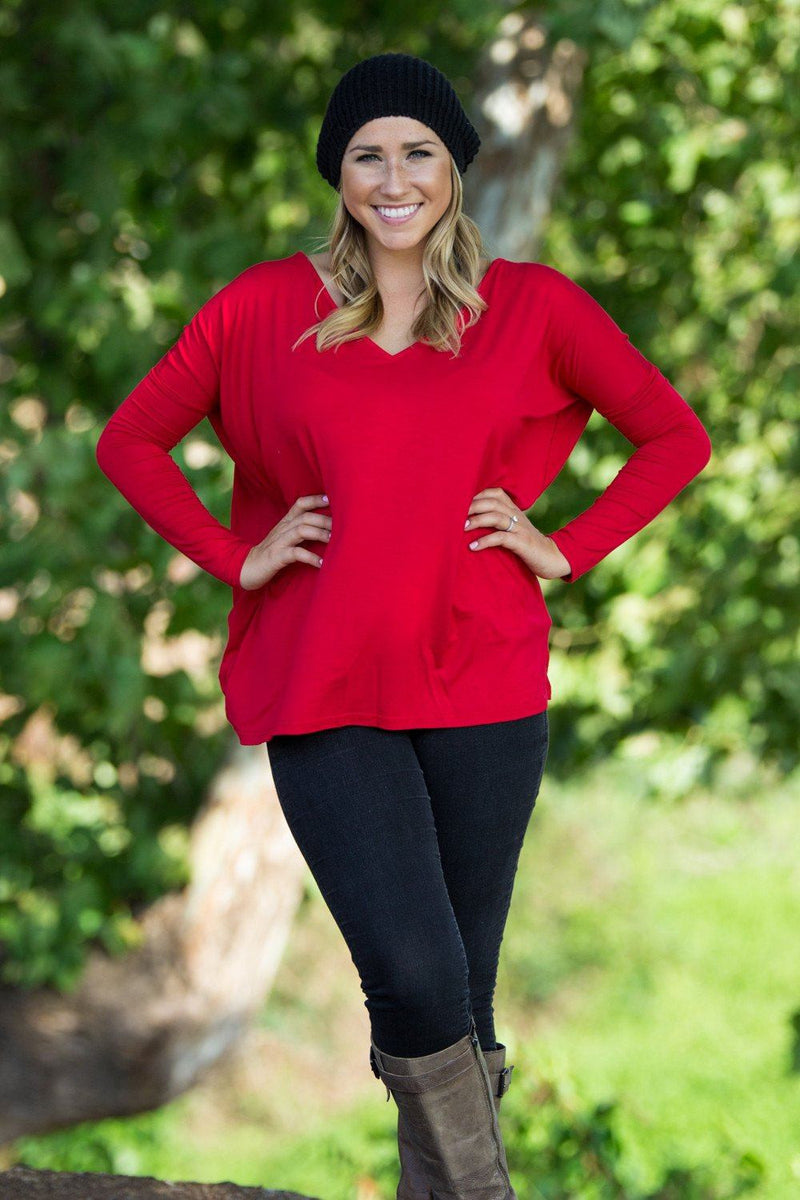 Long Sleeve V-Neck Piko Top - Red - Piko Clothing