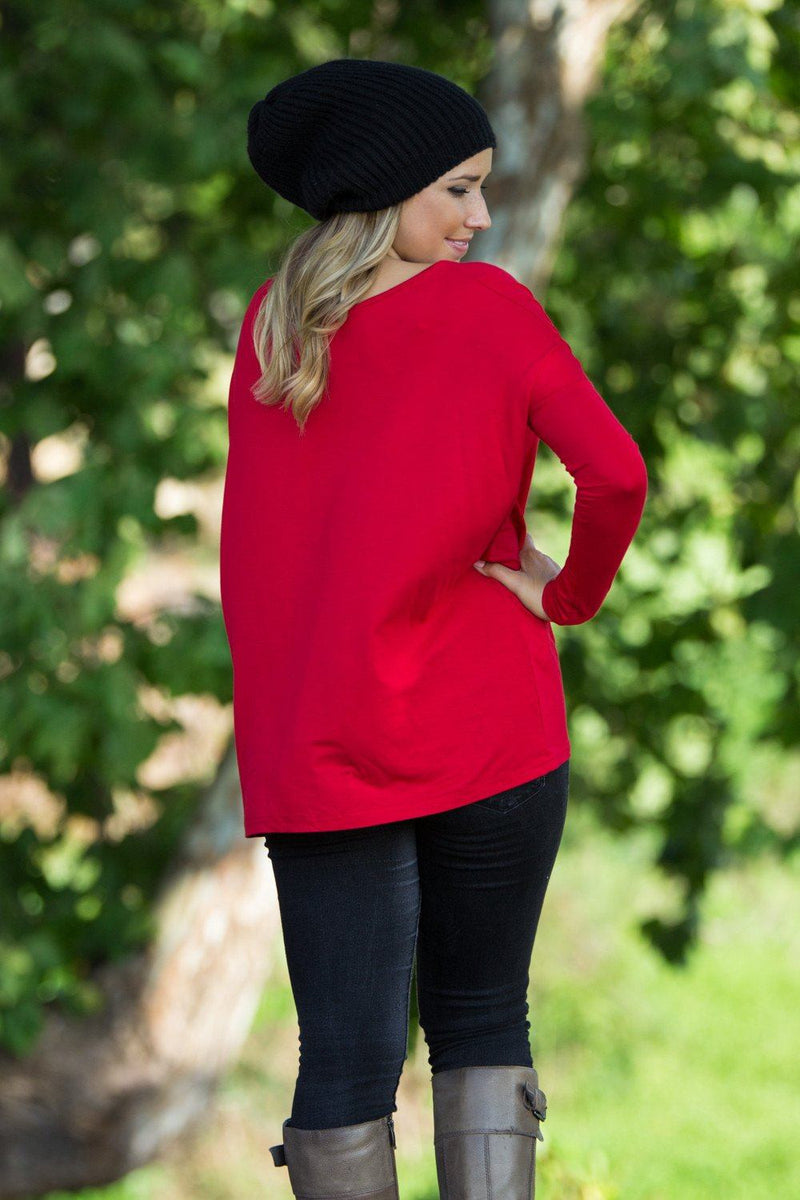 Long Sleeve V-Neck Piko Top - Red - Piko Clothing