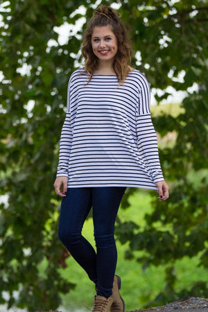 Long Sleeve Tiny Stripe Piko Top - White/Black - Piko Clothing