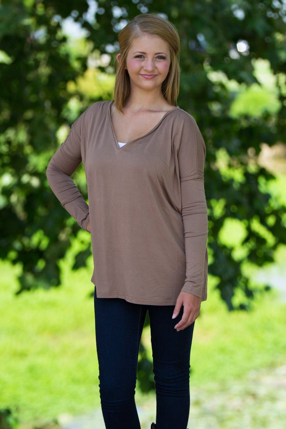 Long Sleeve V-Neck Piko Top - Mocha - Piko Clothing