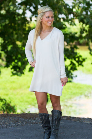 Long Sleeve V-Neck Piko Tunic - Beige - Piko Clothing