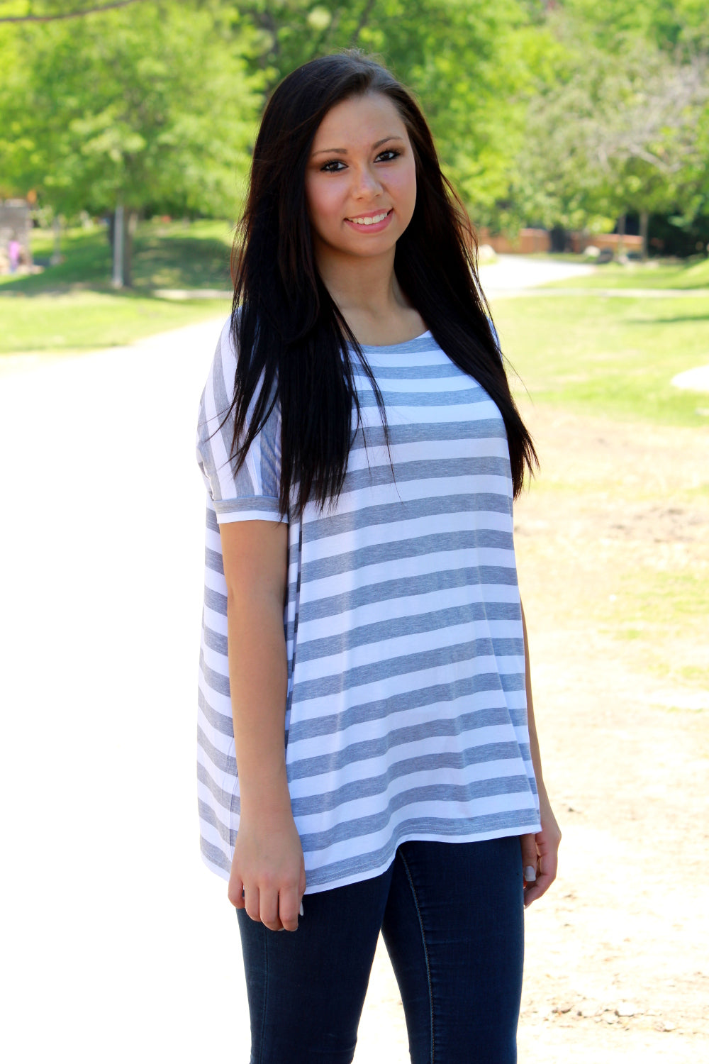 Short Sleeve Thick Stripe Piko Top - Grey/White - Piko Clothing