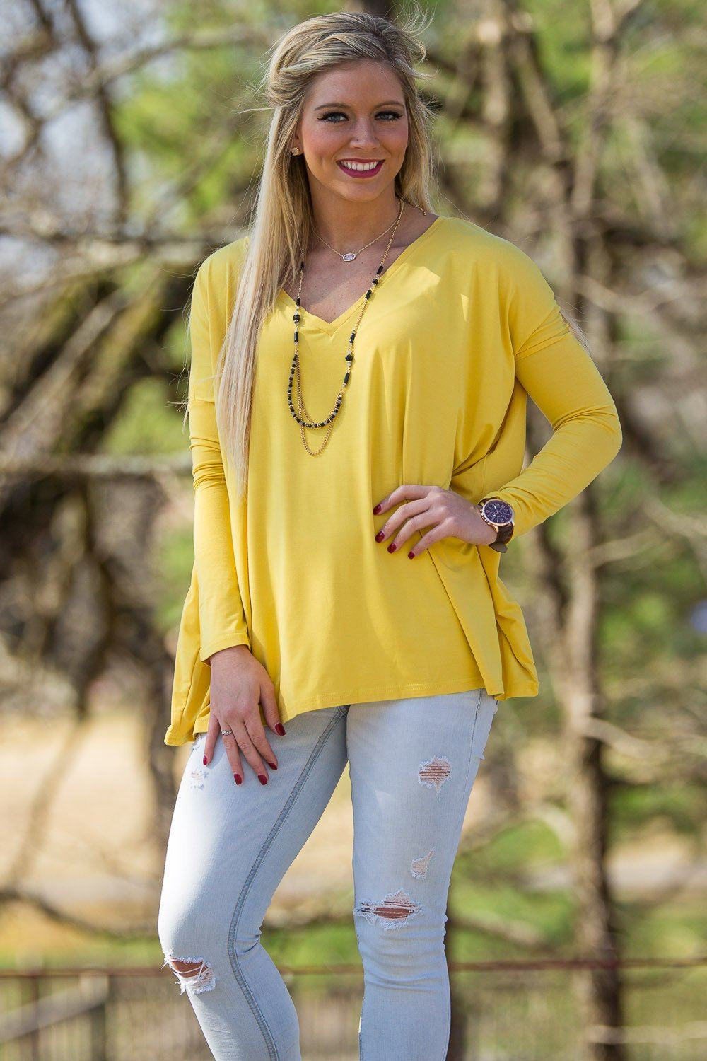 Long Sleeve V-Neck Piko Top - Mustard - Piko Clothing