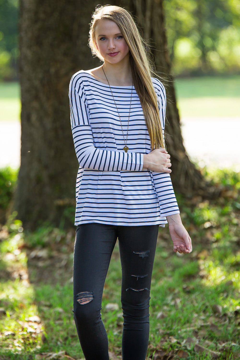 Long Sleeve Tiny Stripe Piko Top - White/Navy