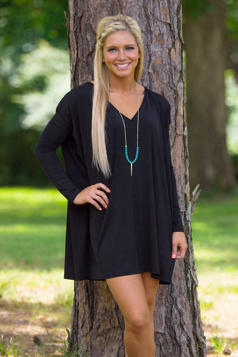 Long Sleeve V-Neck Piko Tunic - Black - Piko Clothing