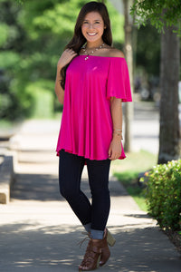 Off The Shoulder Short Sleeve Piko Top - Fuchsia