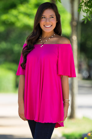 Off The Shoulder Short Sleeve Piko Top - Fuchsia