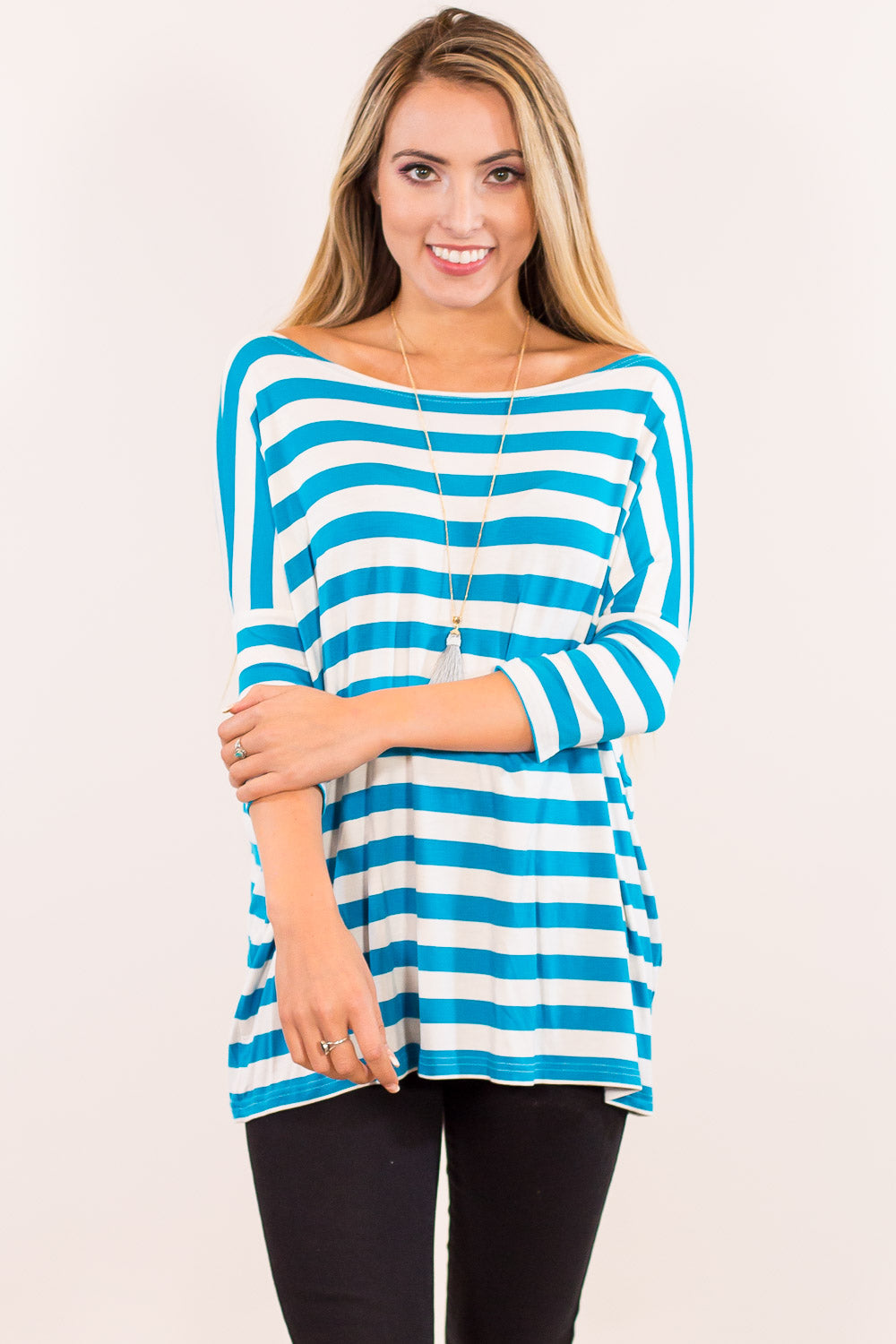 3/4 Sleeve Thick Striped Piko Top - White/Blue