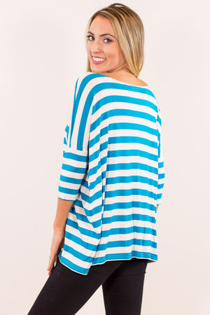 3/4 Sleeve Thick Striped Piko Top - White/Blue