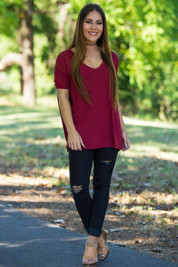 Short Sleeve V-Neck Piko Top - Wine - Piko Clothing