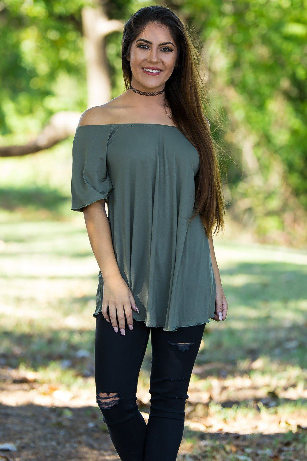 Off The Shoulder Short Sleeve Piko Top - Army - Piko Clothing