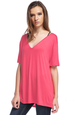 SALE-Short Sleeve V-Neck Piko Tee - Coral