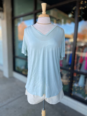 SALE-Short Sleeve V-Neck Piko Tee - Light Mint