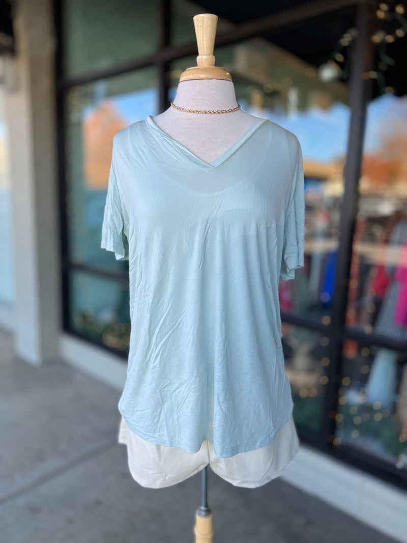 SALE-Short Sleeve V-Neck Piko Tee - Light Mint