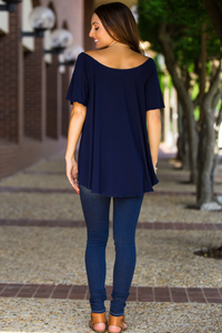 Off The Shoulder Short Sleeve Piko Top - Navy