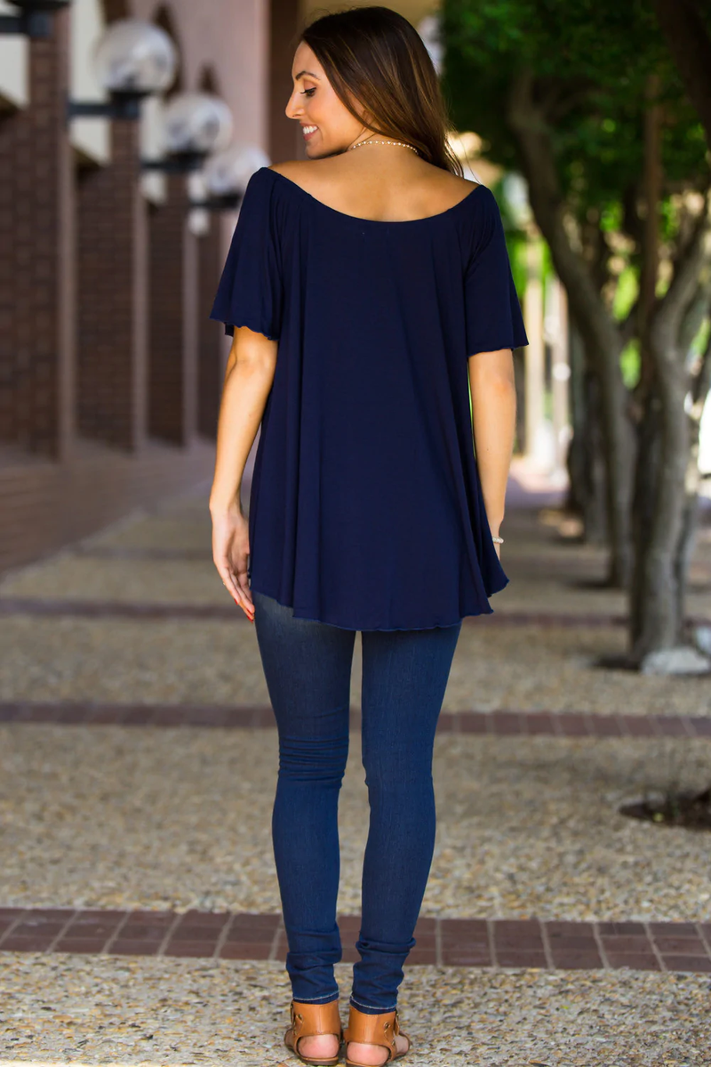 Off The Shoulder Short Sleeve Piko Top - Navy